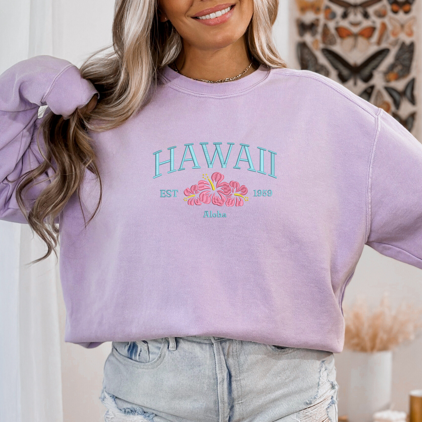 Embroidered Hawaii Crewneck | Hibiscus Embroidery | Tropical Sweatshirt