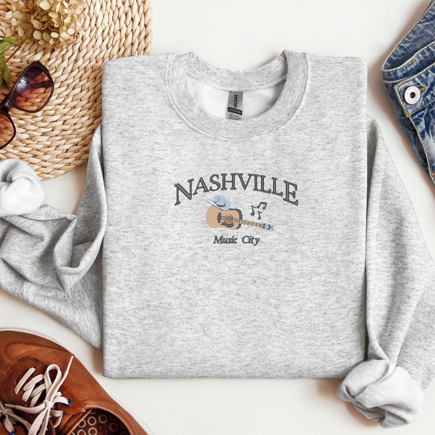 Nashville Music City Embroidered Crewneck | Tennessee Pride | Destination Sweatshirt
