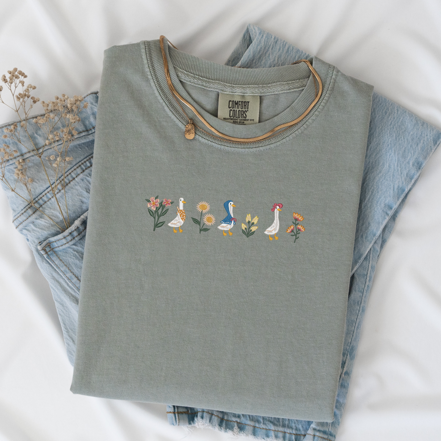 Floral Geese Embroidered Tee | Cottagecore Goose Shirt