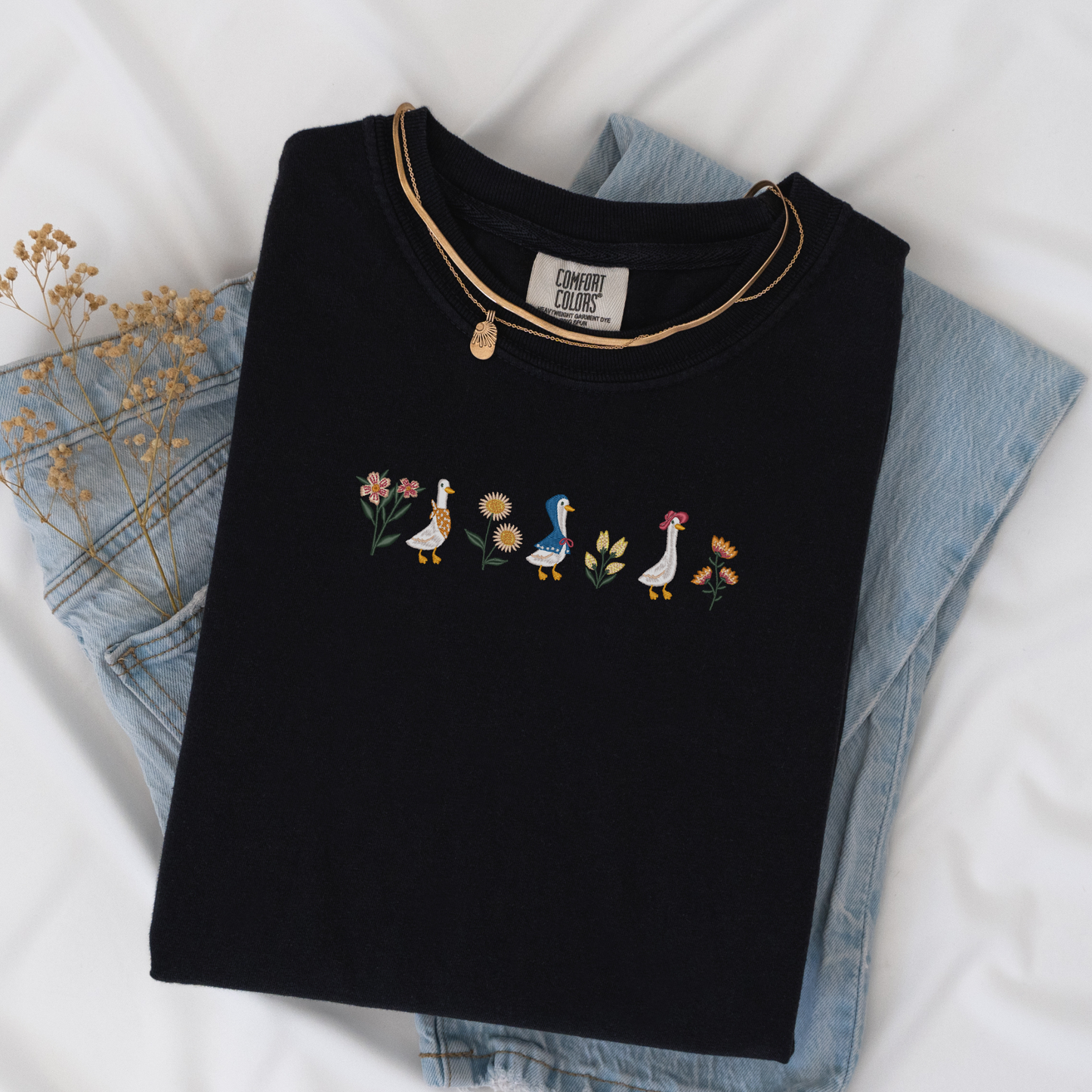 Floral Geese Embroidered Tee | Cottagecore Goose Shirt
