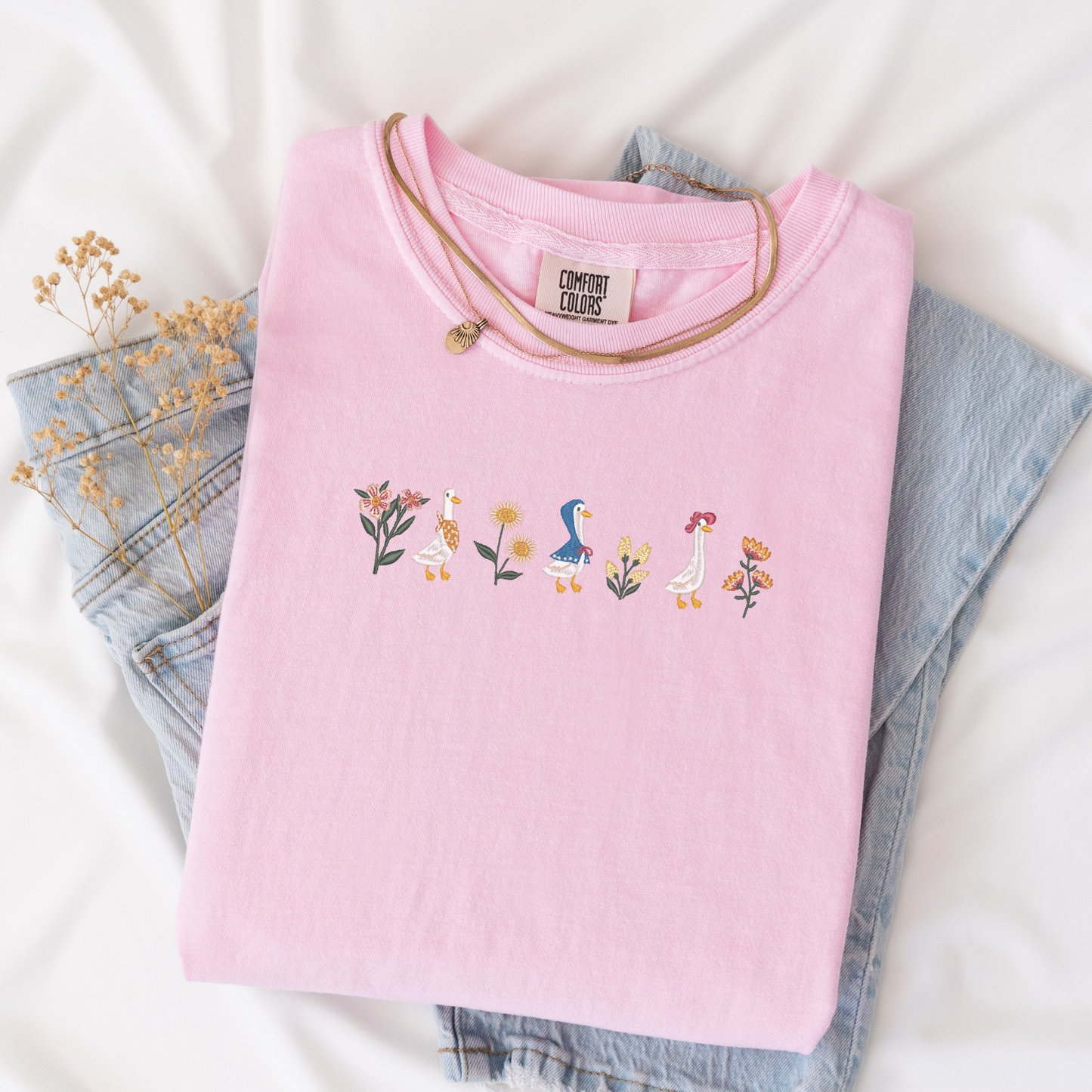 Floral Geese Embroidered Tee | Cottagecore Goose Shirt