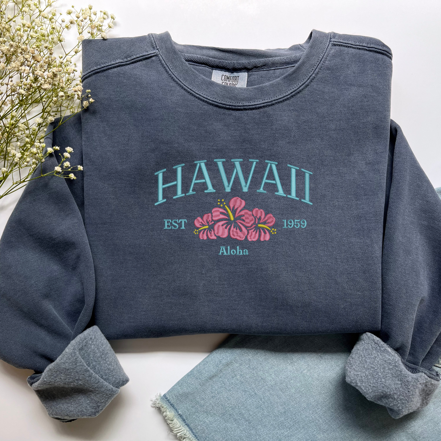 Embroidered Hawaii Crewneck | Hibiscus Embroidery | Tropical Sweatshirt