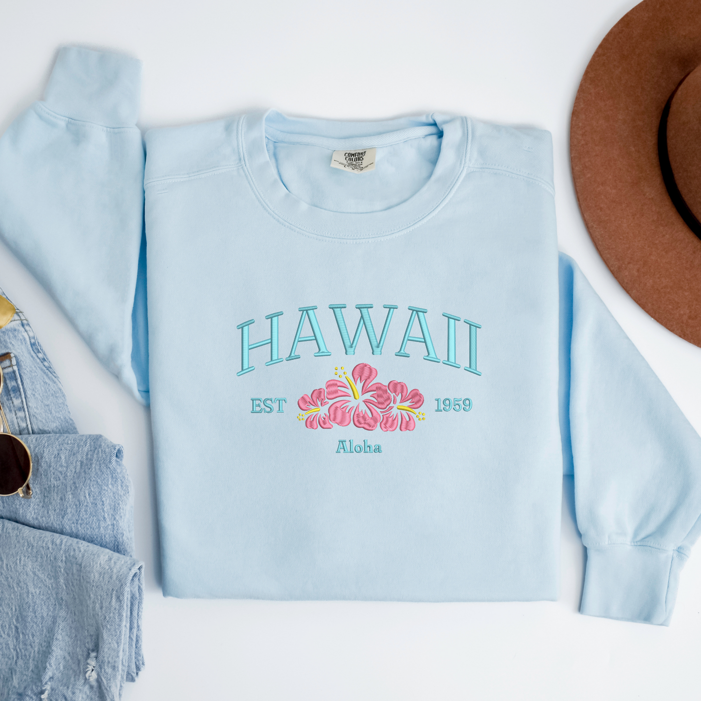 Embroidered Hawaii Crewneck | Hibiscus Embroidery | Tropical Sweatshirt