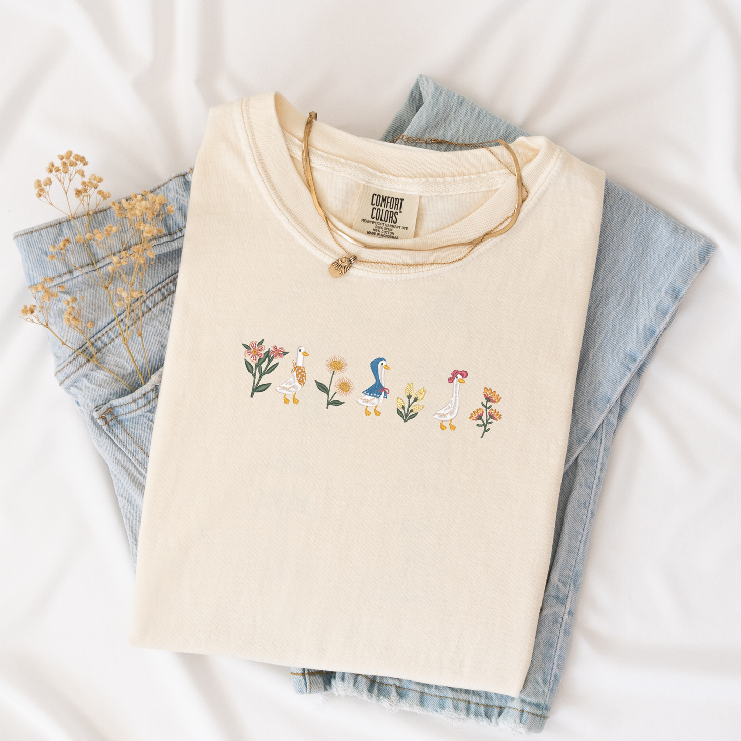 Floral Geese Embroidered Tee | Cottagecore Goose Shirt