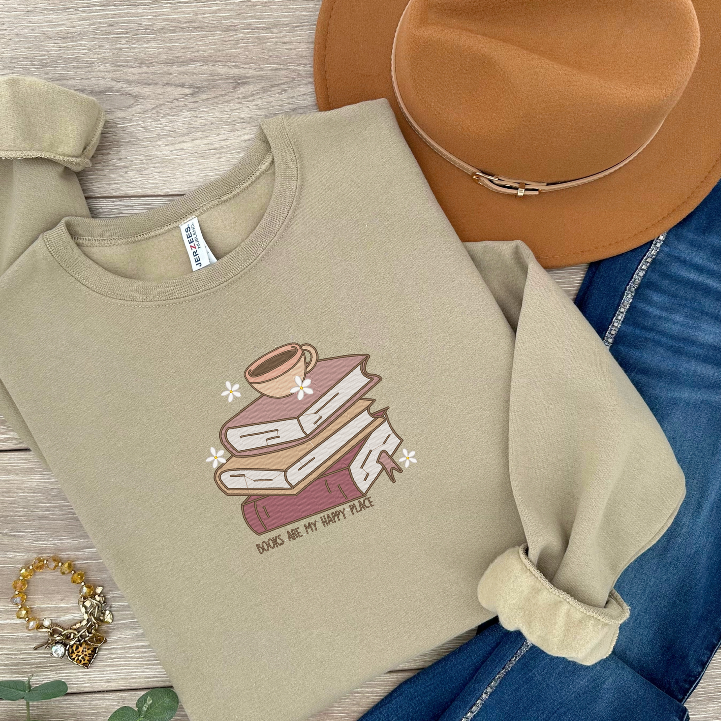 Embroidered Books Are My Happy Place Crewneck