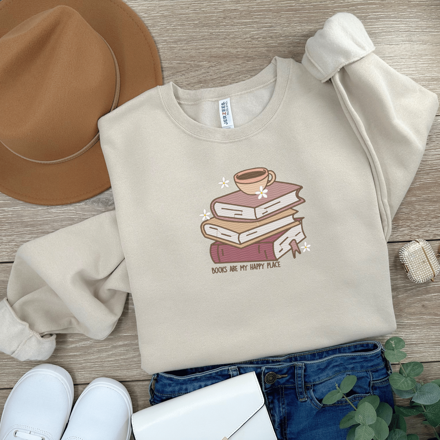 Embroidered Books Are My Happy Place Crewneck