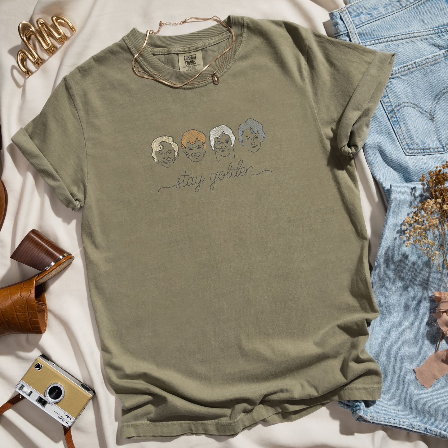 Stay Golden T-shirt | Golden Girls Inspired Sketch Art | Embroidered Comfort Colors Shirt
