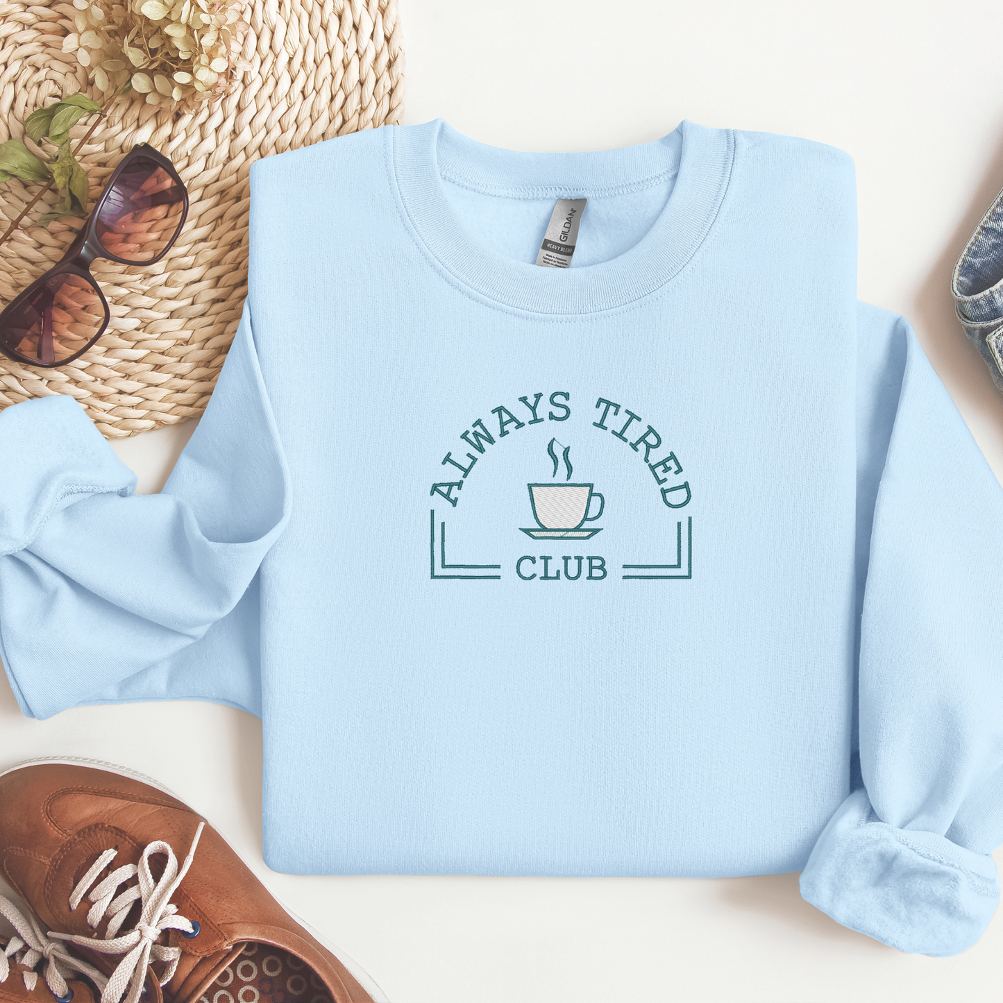 Always Tired Club Embroidered Crewneck | Overstimulated Mom Inspired Design | Tired Mom Life Shirt