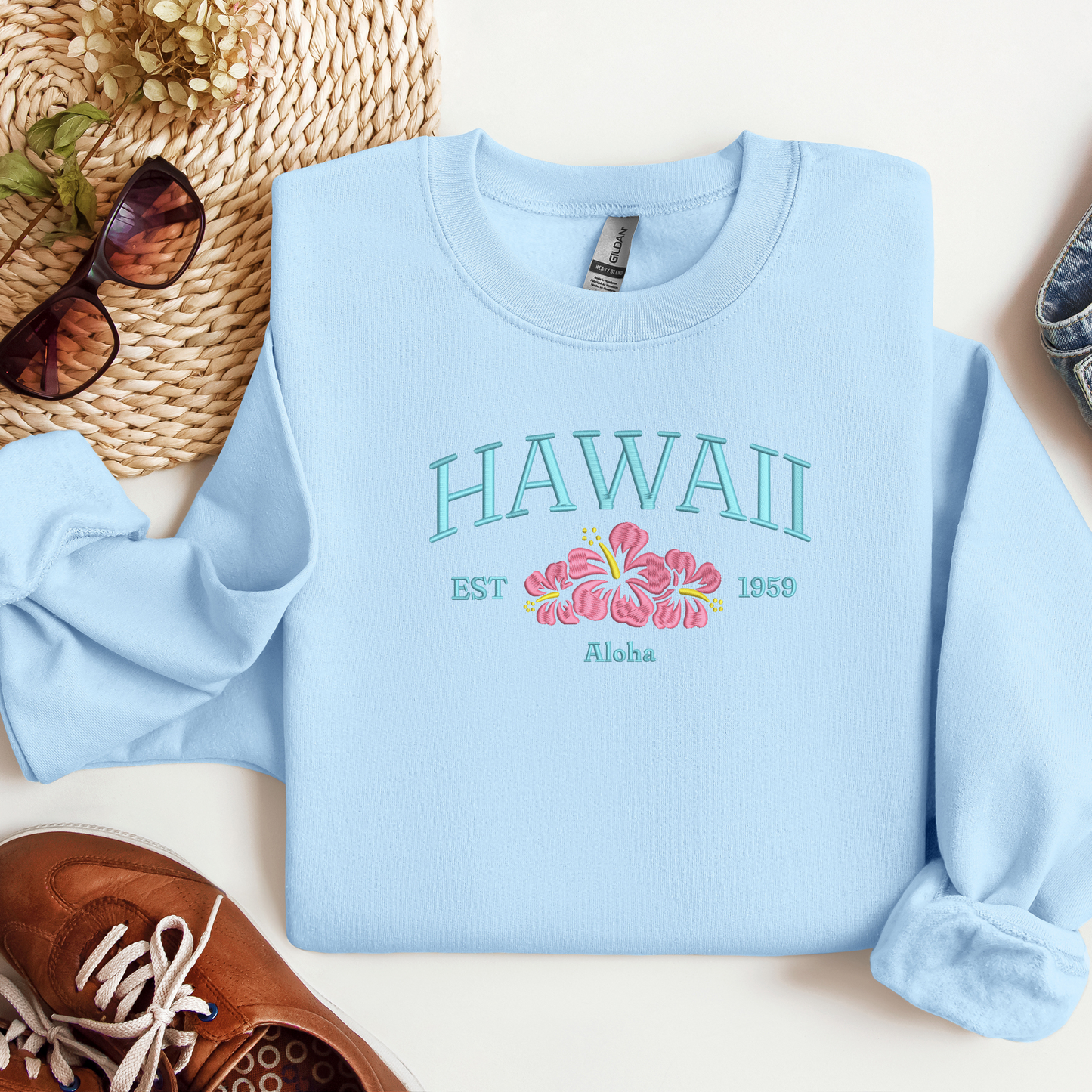 Embroidered Hawaii Crewneck | Hibiscus Embroidery | Tropical Sweatshirt
