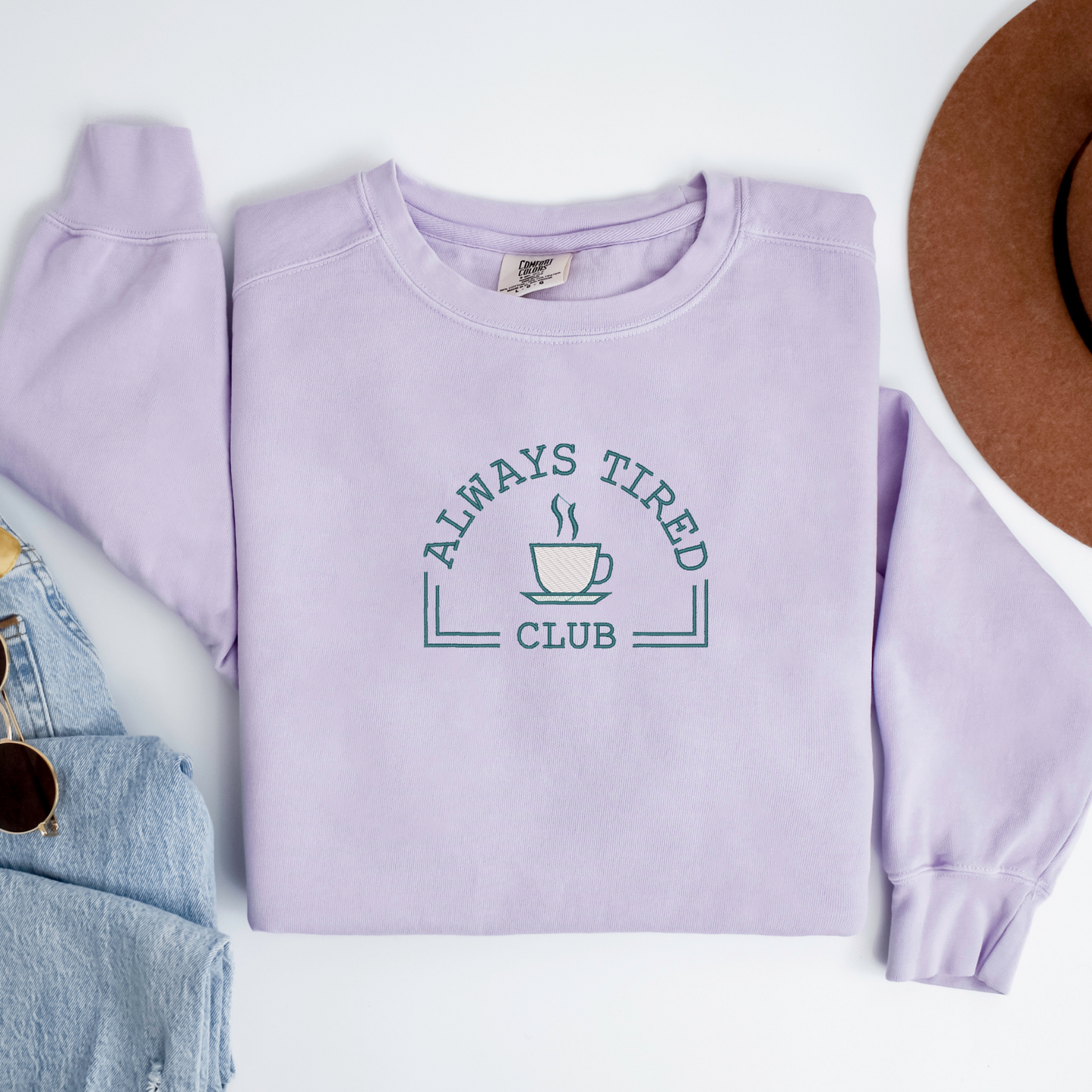 Always Tired Club Embroidered Crewneck | Overstimulated Mom Inspired Design | Tired Mom Life Shirt
