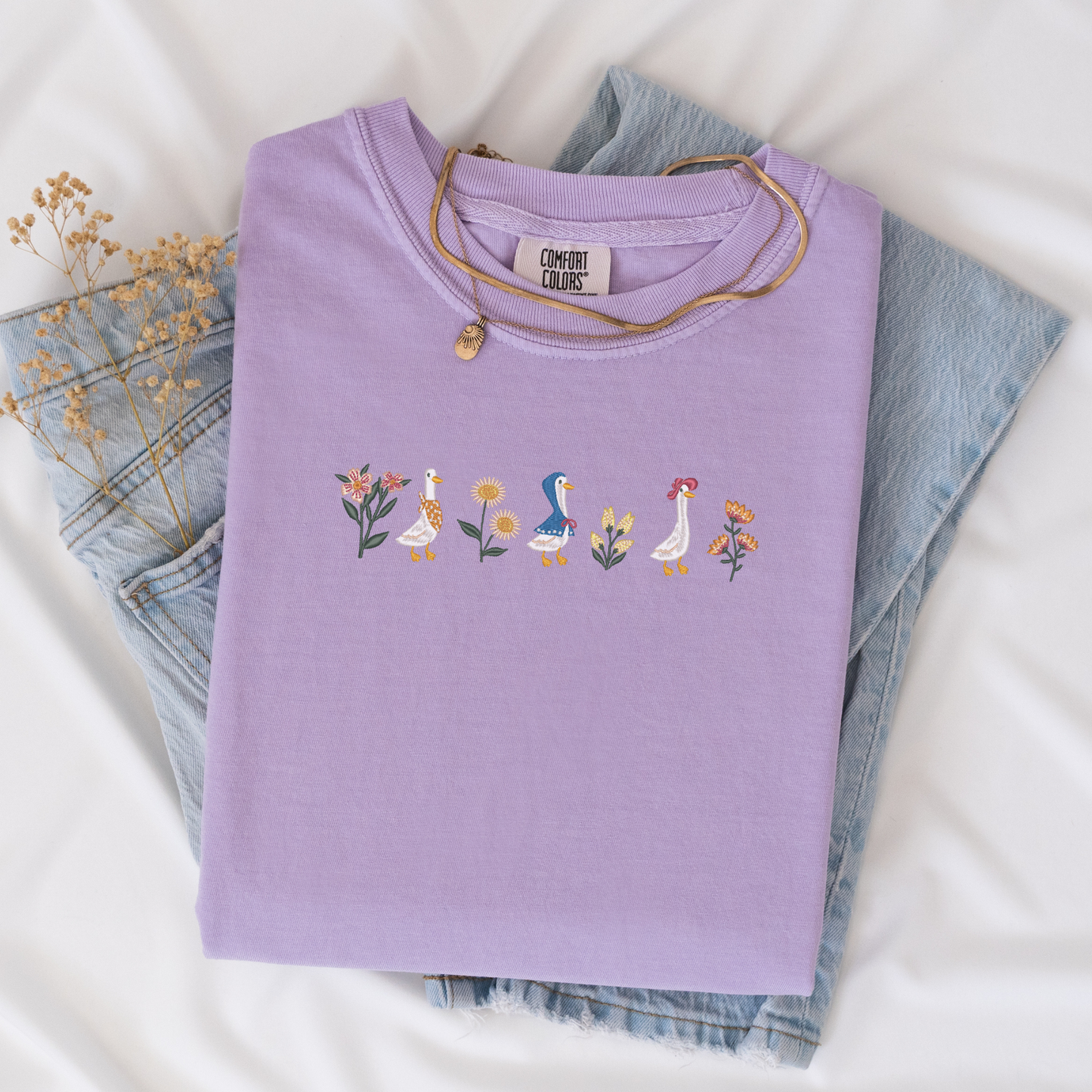 Floral Geese Embroidered Tee | Cottagecore Goose Shirt