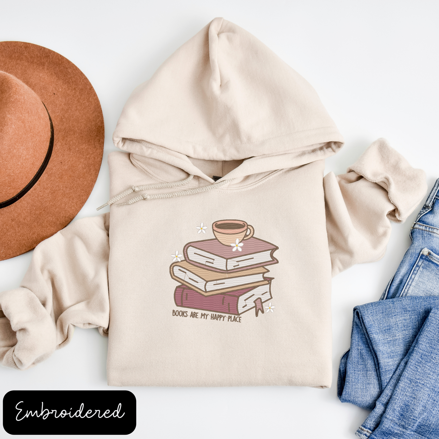 Embroidered Books Are My Happy Place Hoodie