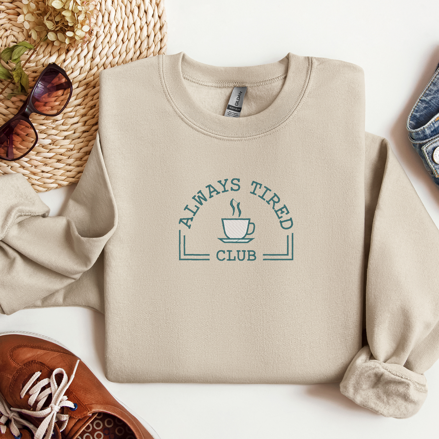 Always Tired Club Embroidered Crewneck | Overstimulated Mom Inspired Design | Tired Mom Life Shirt