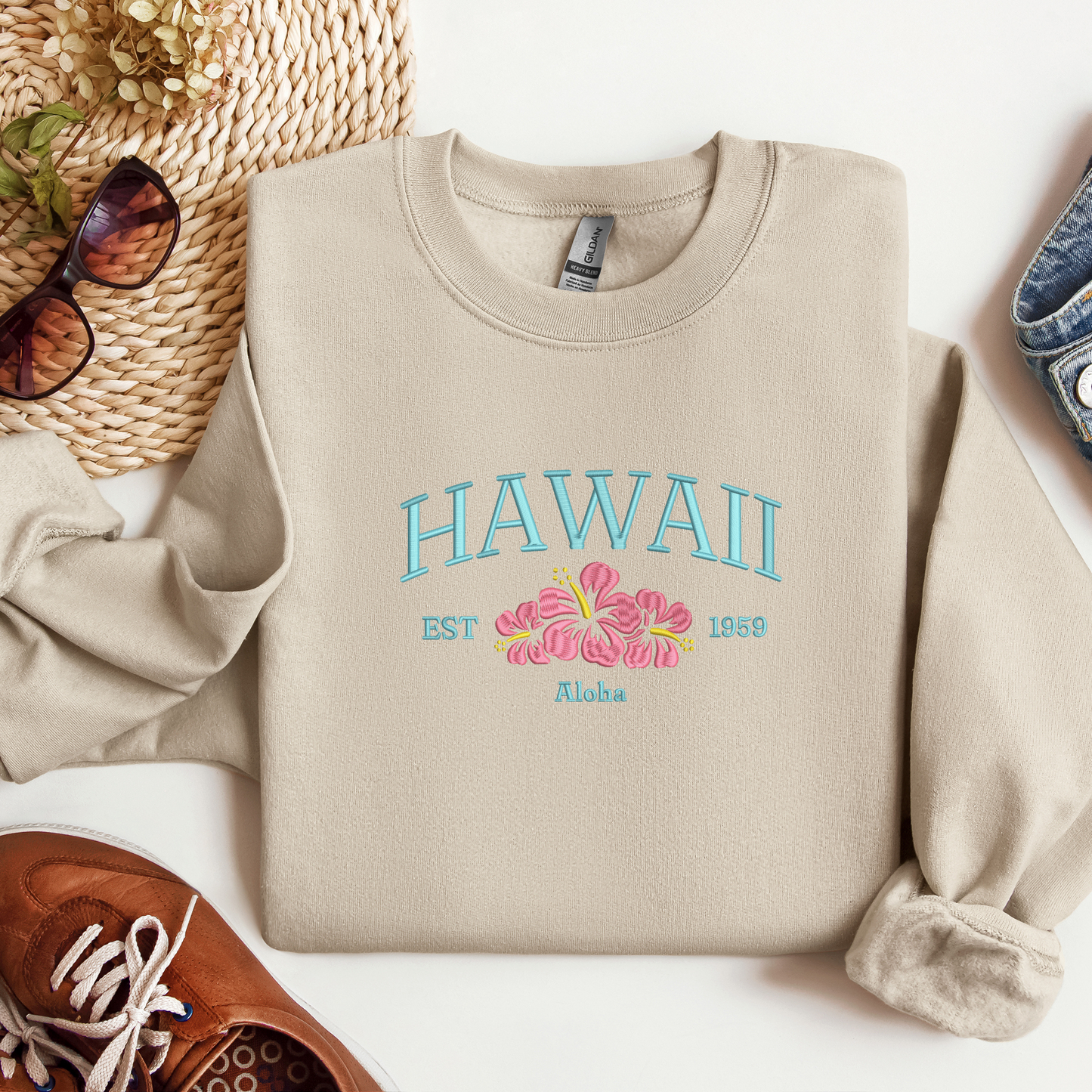 Embroidered Hawaii Crewneck | Hibiscus Embroidery | Tropical Sweatshirt