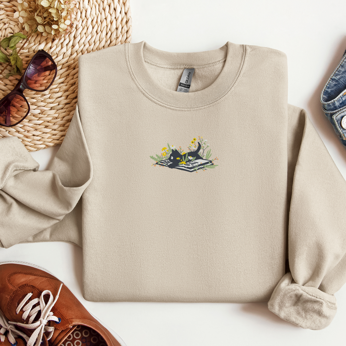 Embroidered Cute Black Cat on Book Floral Crewneck