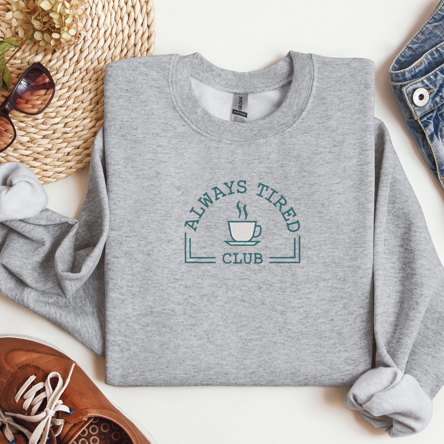 Always Tired Club Embroidered Crewneck | Overstimulated Mom Inspired Design | Tired Mom Life Shirt