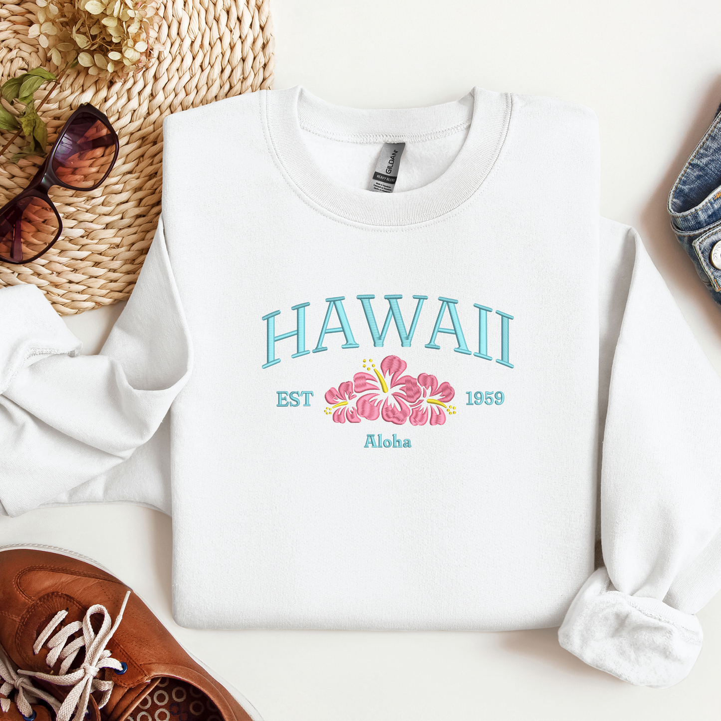 Embroidered Hawaii Crewneck | Hibiscus Embroidery | Tropical Sweatshirt