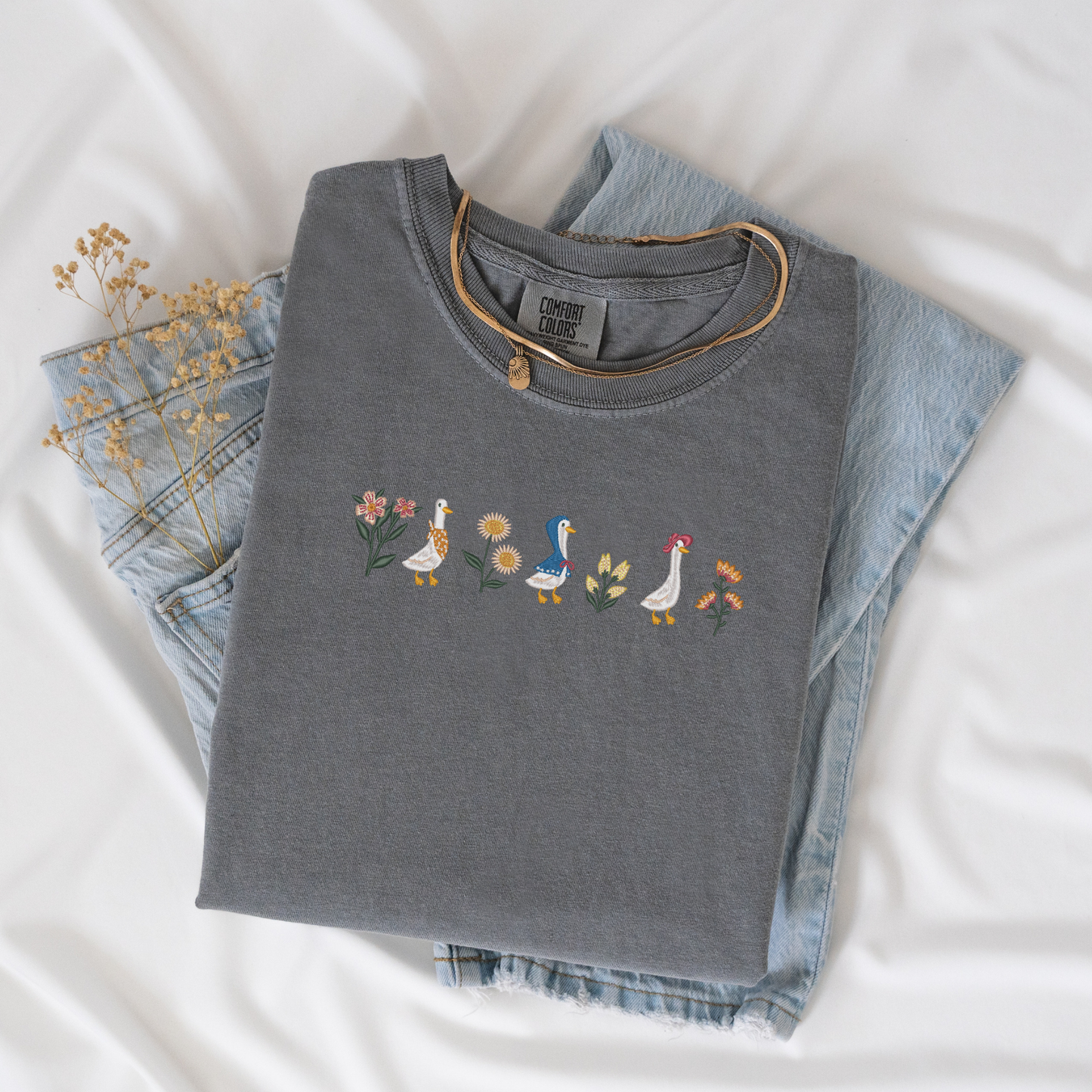 Floral Geese Embroidered Tee | Cottagecore Goose Shirt