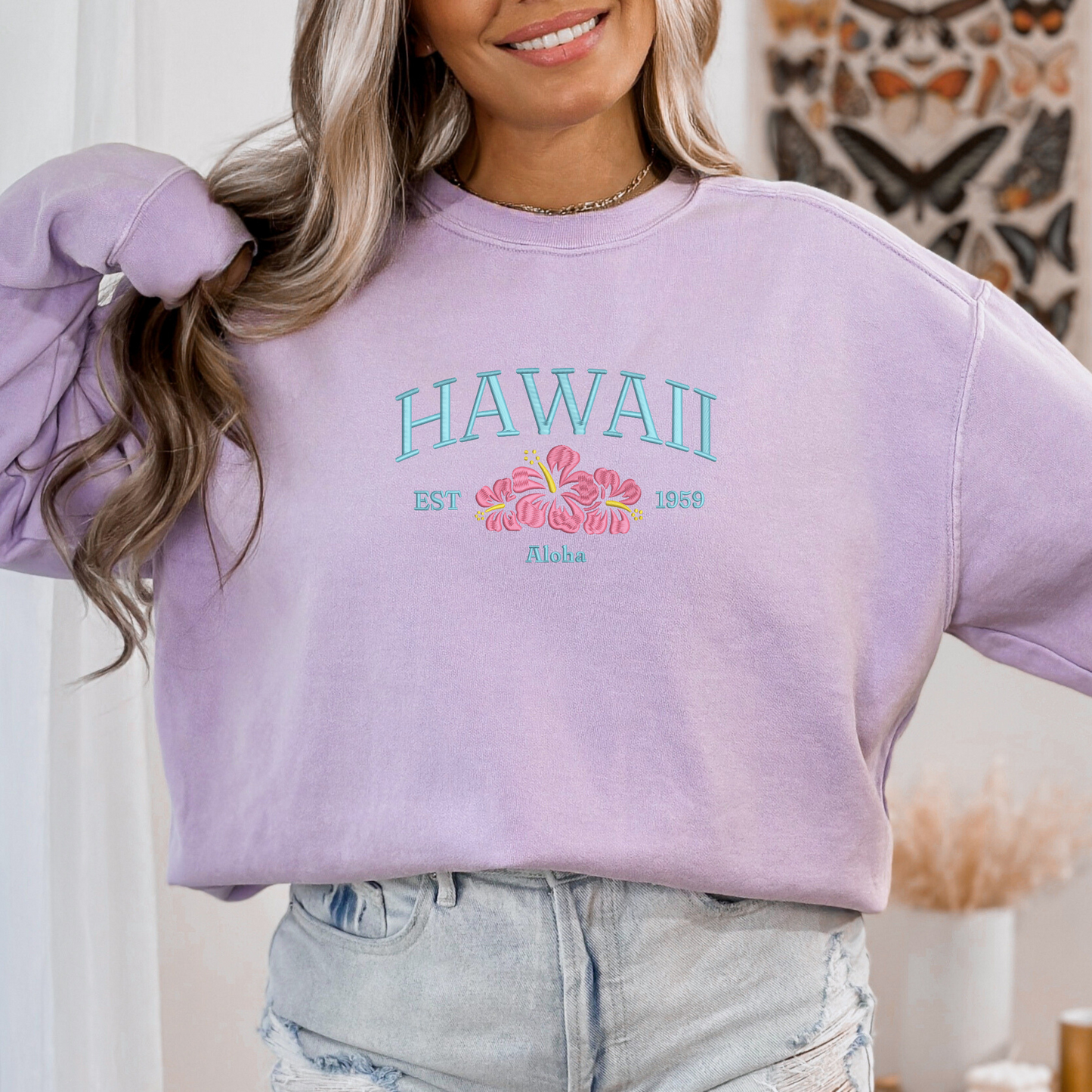 Embroidered Hawaii Crewneck | Hibiscus  Embroidery | Tropical Sweatshirt