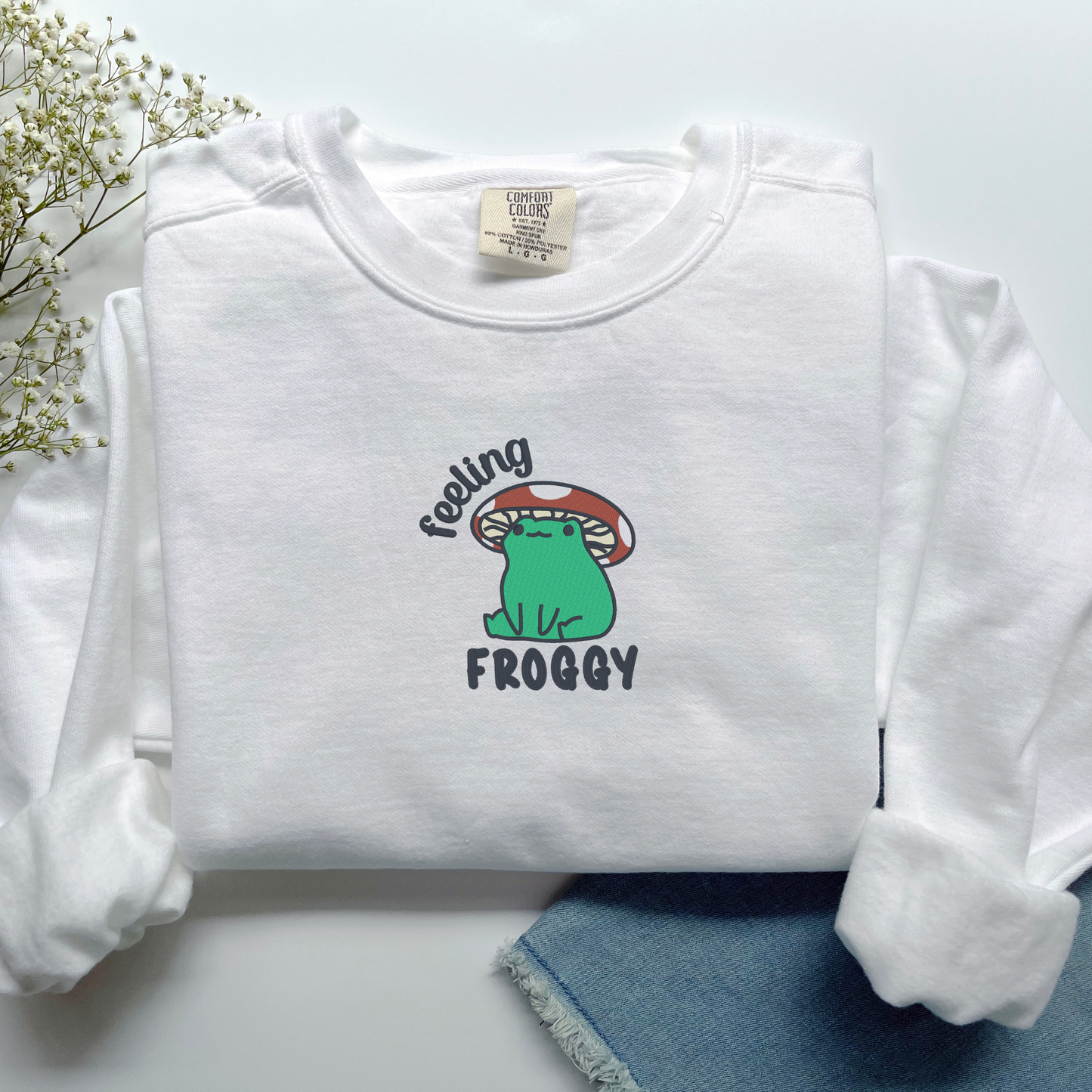 Feeling Froggy Embroidered Crewneck | Cute Mushroom Frog Design