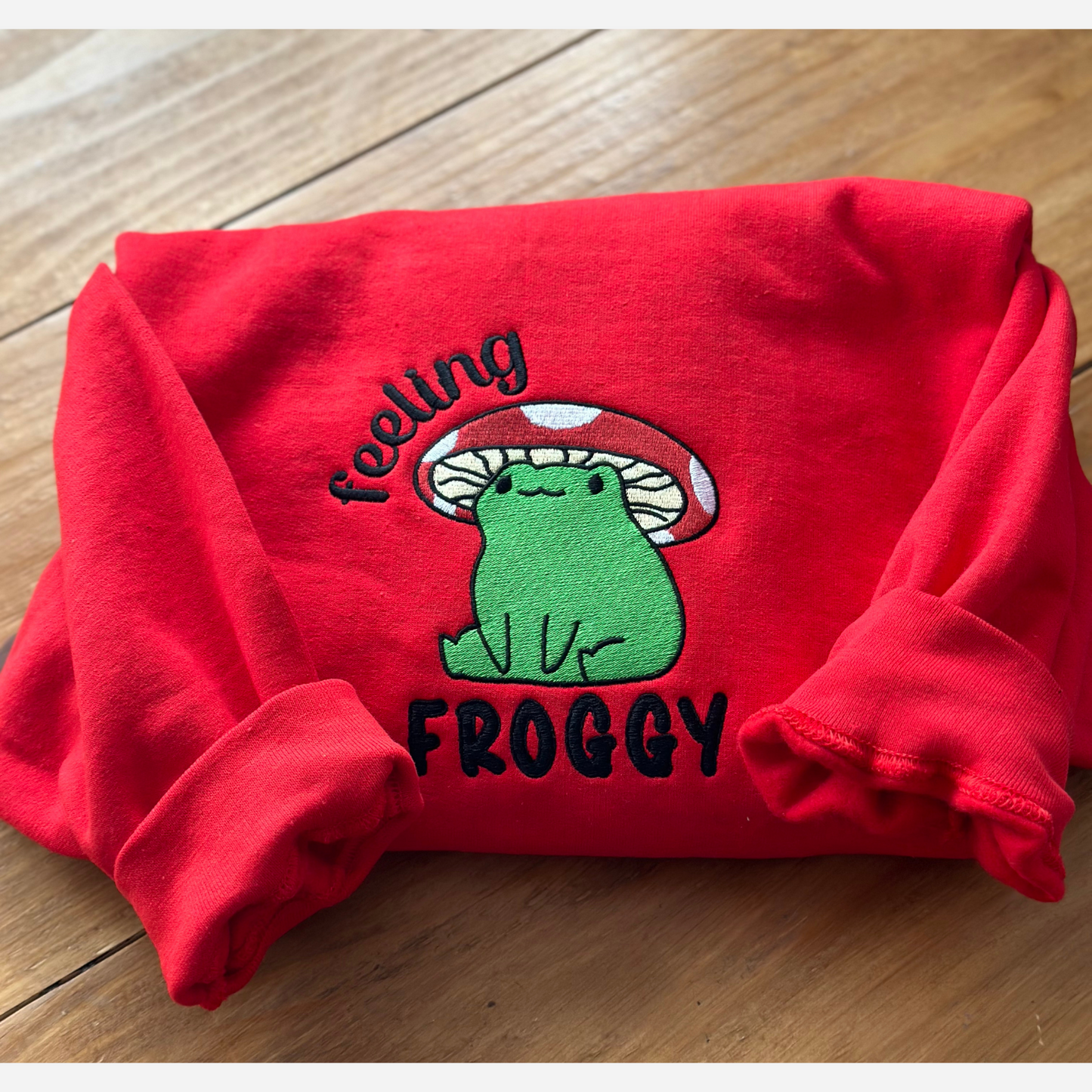 Feeling Froggy Embroidered Crewneck | Cute Mushroom Frog Design