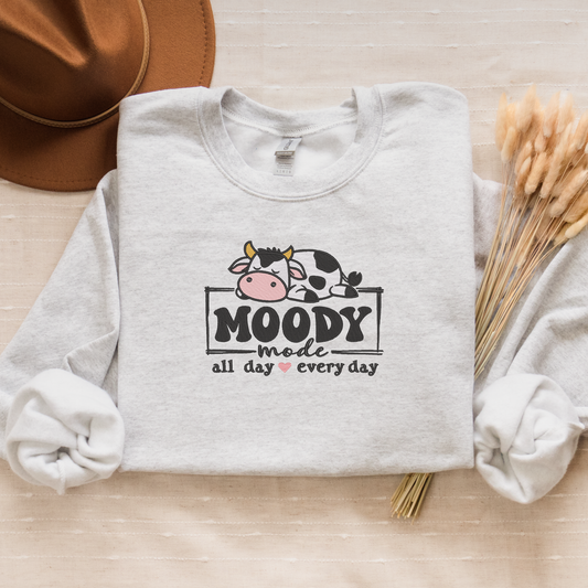 Moody Mode Crewneck Sweatshirt | Cute Lazy Cow Embroidered Design