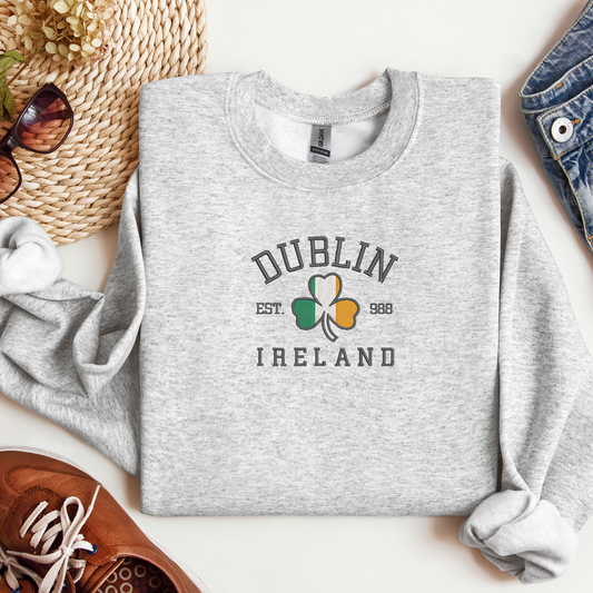 Embroidered Dublin Ireland Crewneck | Irish Flag Shamrock Design | Irish Pride Shirt