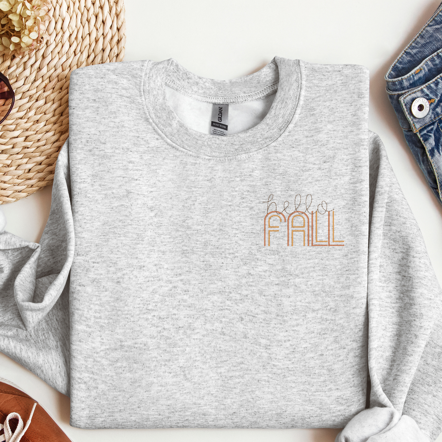 Cozy Hello Fall Logo Crewneck Sweatshirt | Retro Embroidered Fall Design