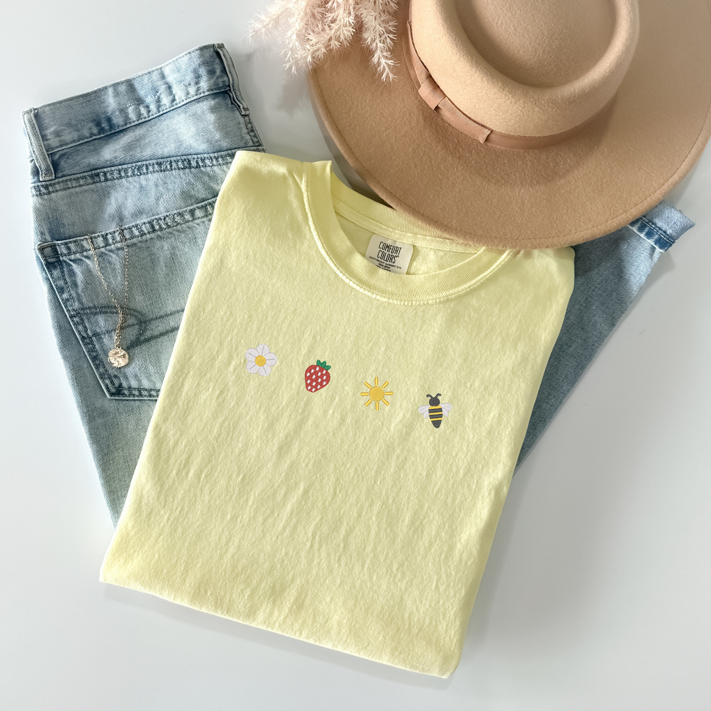 Sunkissed Strawberry and Bee Embroidered T-Shirt | Comfort Colors | Summer Apparel | Sweet Summer Blossom Shirt