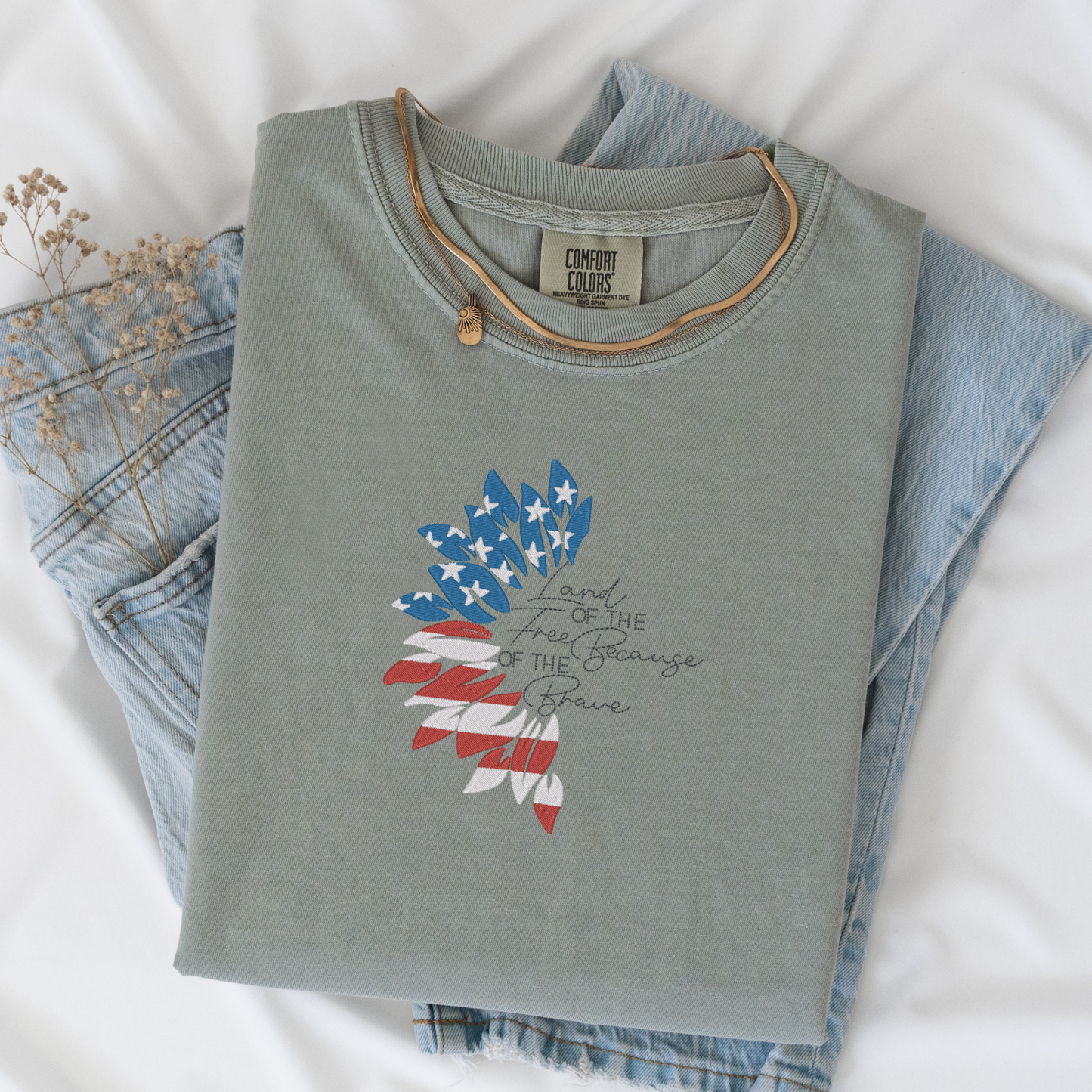 Embroidered Land of the Free Tee | Patriotic Half Sunflower Design | Comfort Colors | American Sunflower Shirt