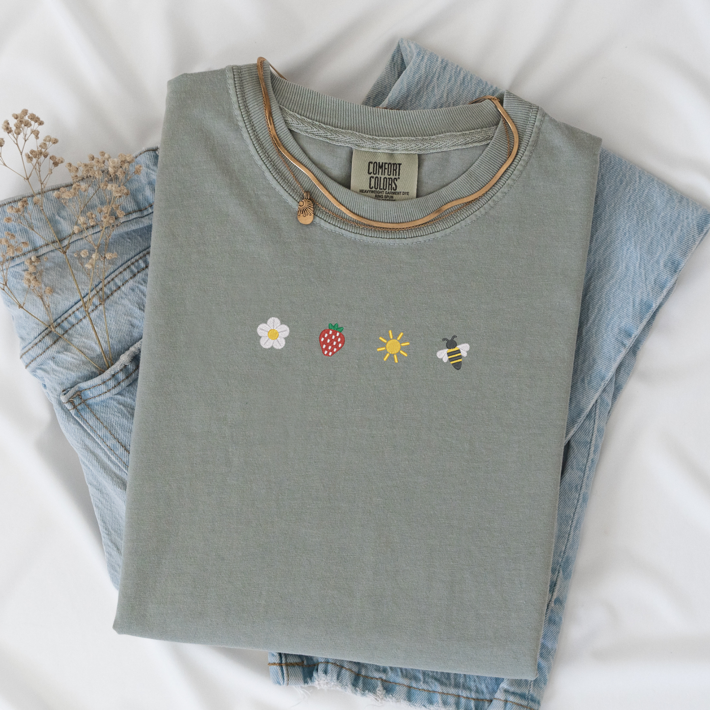 Sunkissed Strawberry and Bee Embroidered T-Shirt | Comfort Colors | Summer Apparel | Sweet Summer Blossom Shirt