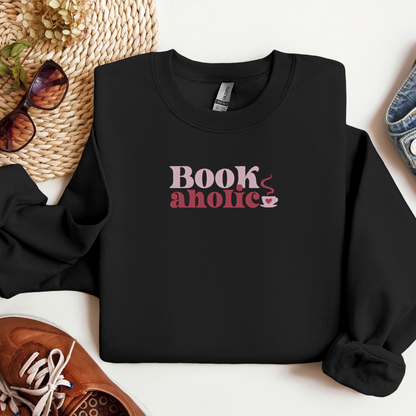 Bookaholic Embroidered Crewneck | Retro Font Coffee Mug Design