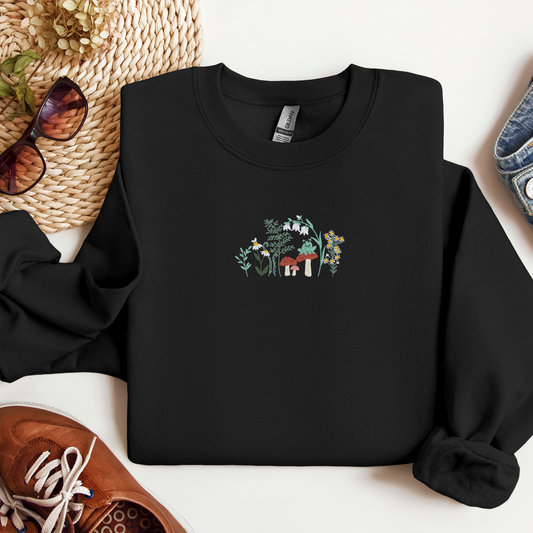 Cottagecore Embroidered Crewneck | Nature-Inspired Mushroom, Wildflowers, and Frog Design