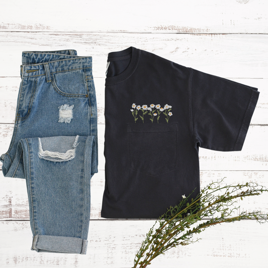 Comfort Colors Embroidered Wildflowers Pocket T-shirt | Peekaboo Wild Daisies