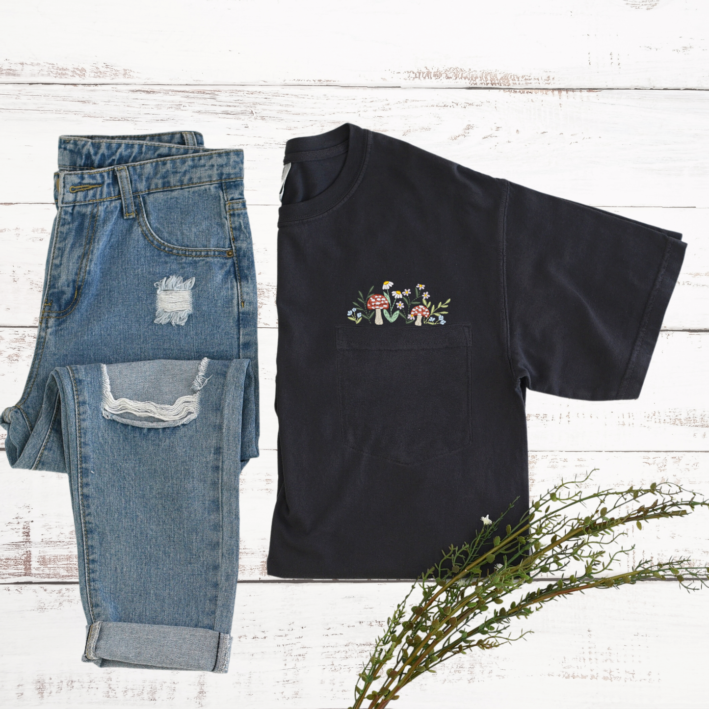 Mushroom & Wildflowers Embroidered Pocket Tee | Cottagecore Shirt