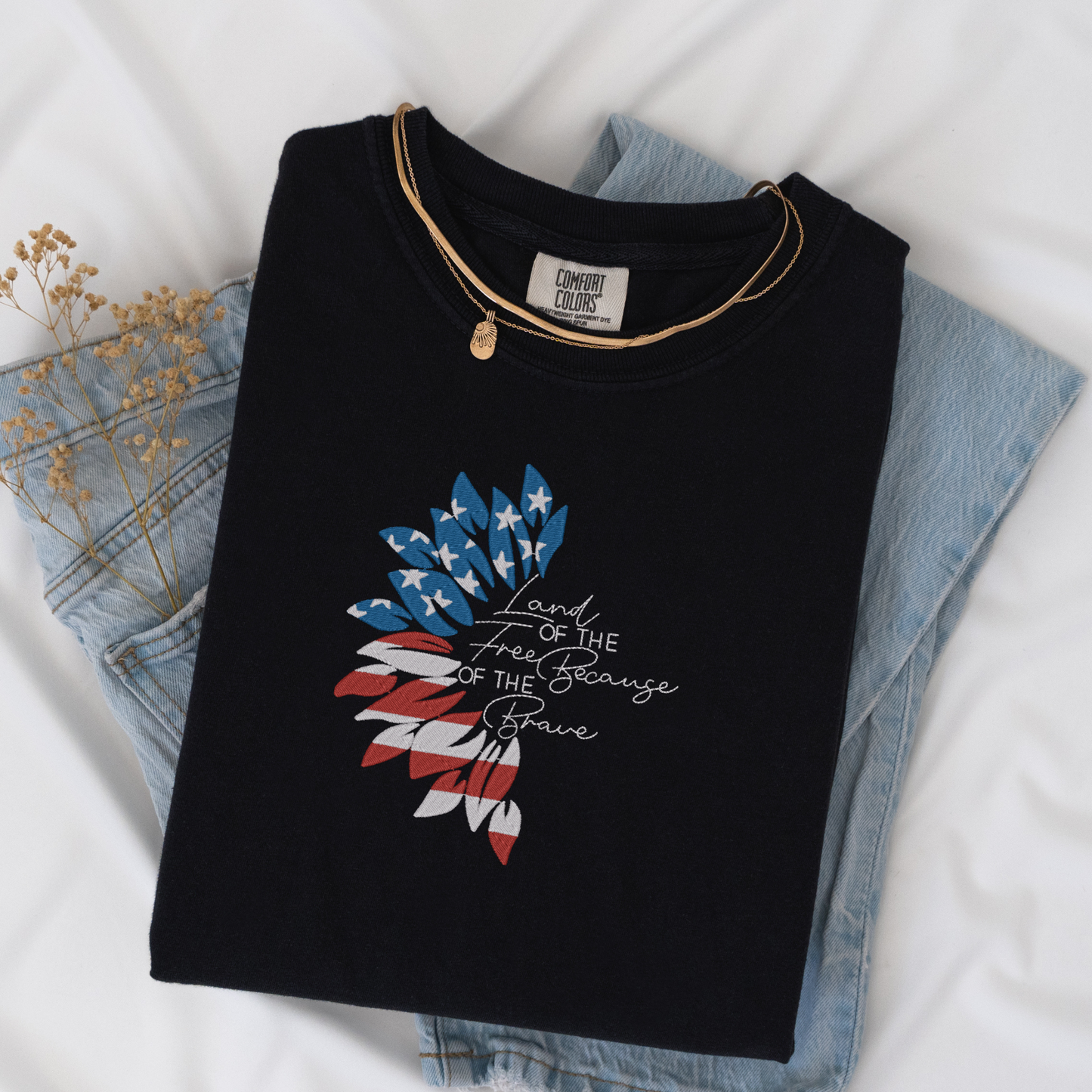 Embroidered Land of the Free Tee | Patriotic Half Sunflower Design | Comfort Colors | American Sunflower Shirt