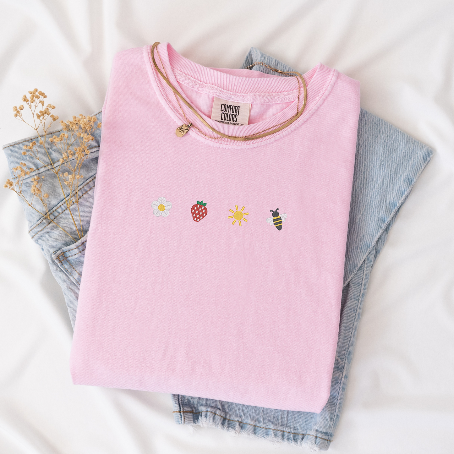 Sunkissed Strawberry and Bee Embroidered T-Shirt | Comfort Colors | Summer Apparel | Sweet Summer Blossom Shirt