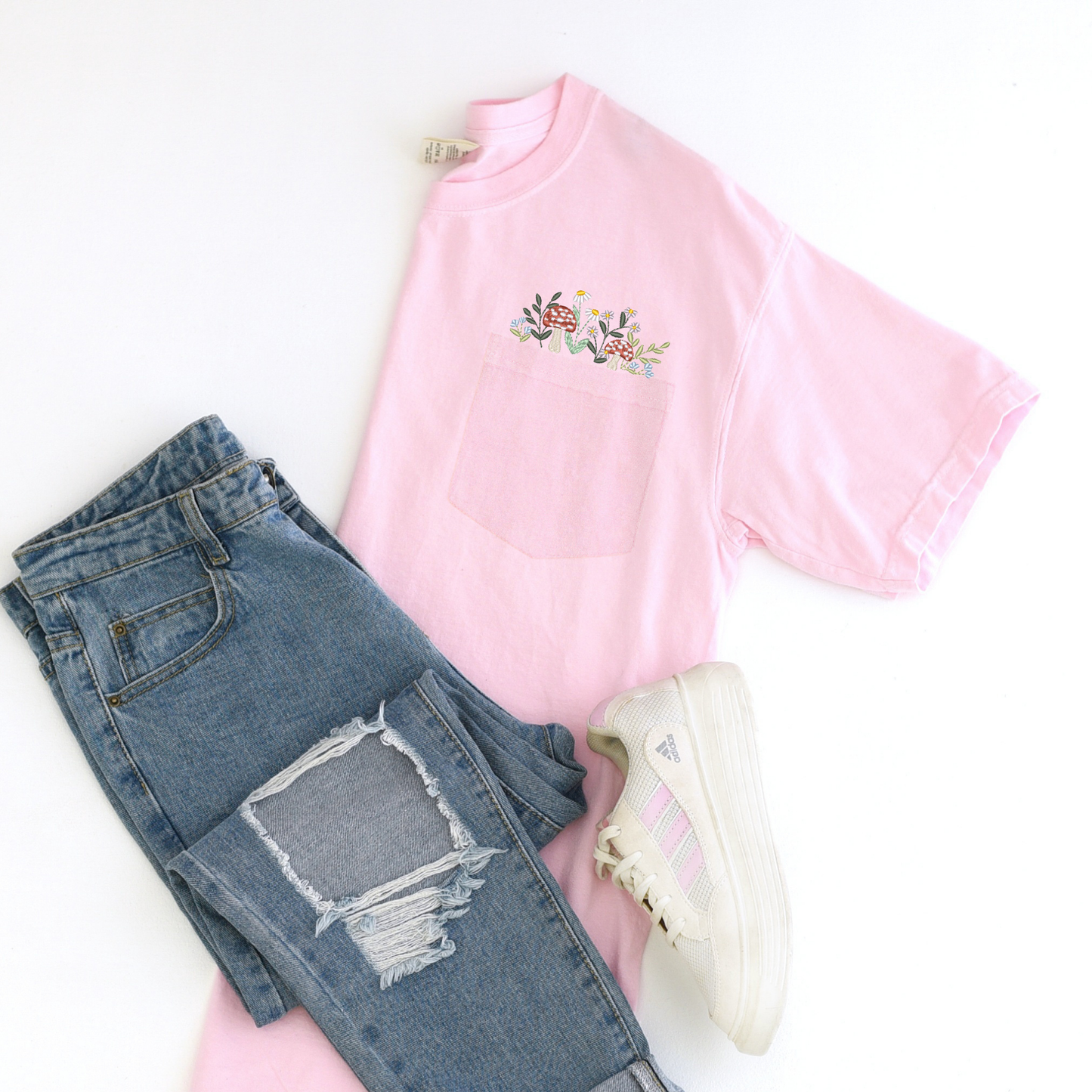 Mushroom & Wildflowers Embroidered Pocket Tee | Cottagecore Shirt