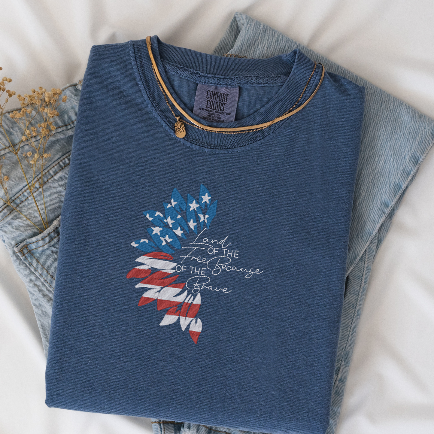 Embroidered Land of the Free Tee | Patriotic Half Sunflower Design | Comfort Colors | American Sunflower Shirt