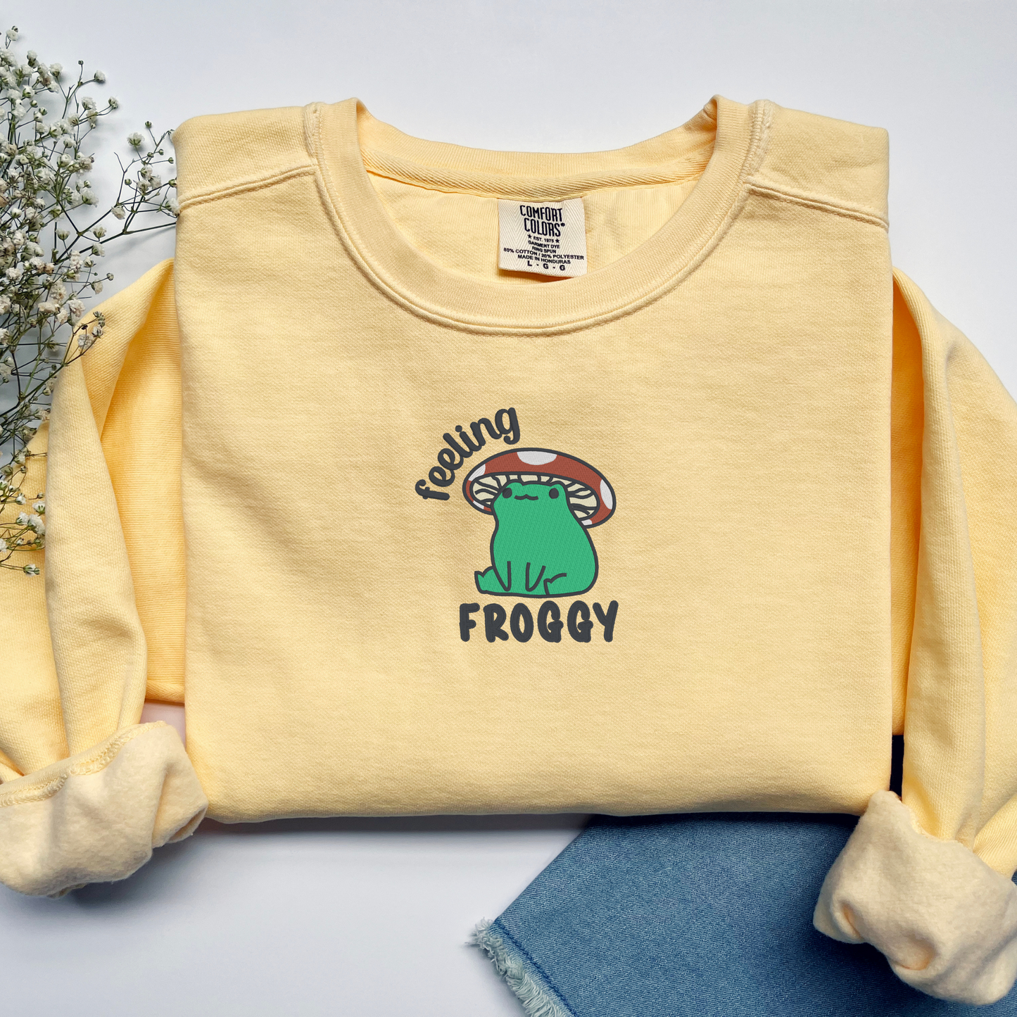 Feeling Froggy Embroidered Crewneck | Cute Mushroom Frog Design