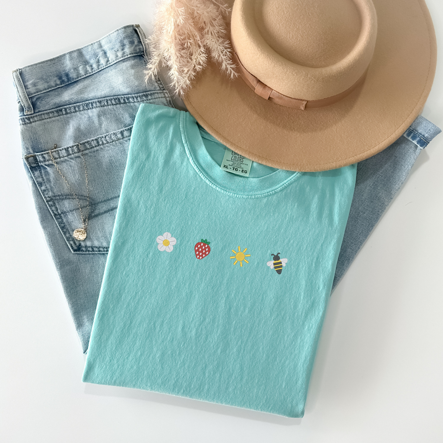 Sunkissed Strawberry and Bee Embroidered T-Shirt | Comfort Colors | Summer Apparel | Sweet Summer Blossom Shirt