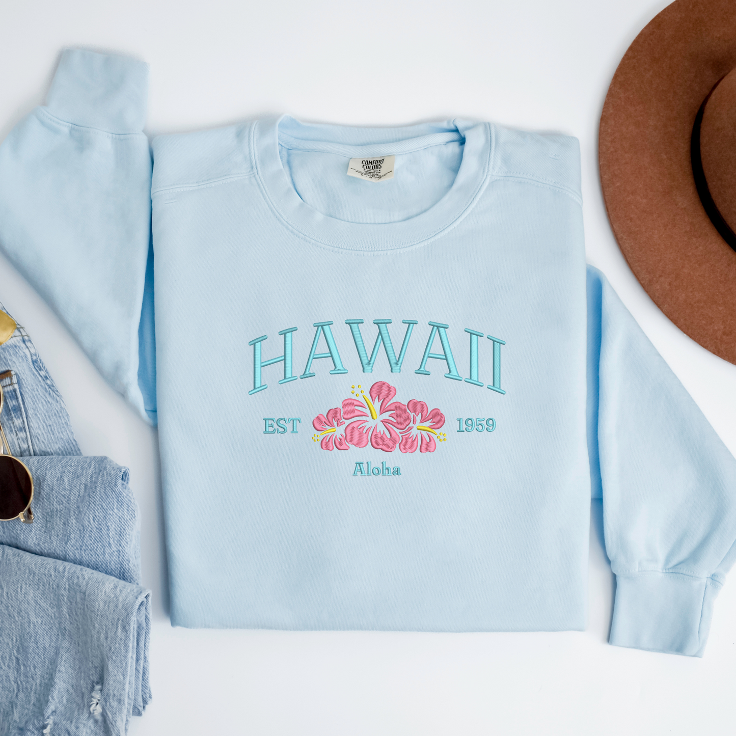 Embroidered Hawaii Crewneck | Hibiscus  Embroidery | Tropical Sweatshirt