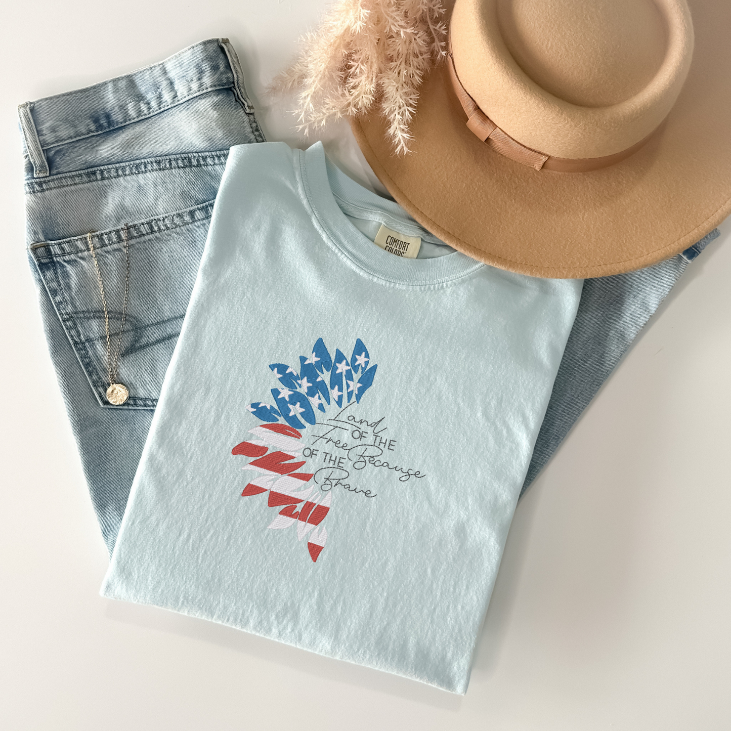 Embroidered Land of the Free Tee | Patriotic Half Sunflower Design | Comfort Colors | American Sunflower Shirt