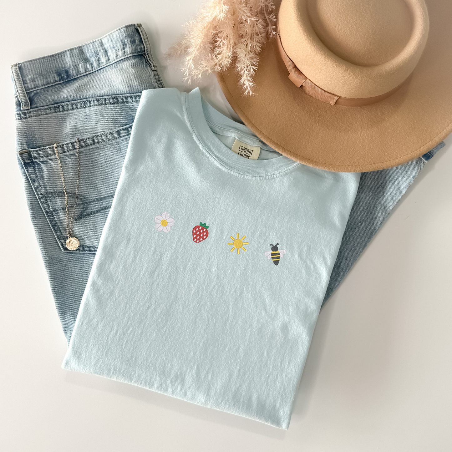 Sunkissed Strawberry and Bee Embroidered T-Shirt | Comfort Colors | Summer Apparel | Sweet Summer Blossom Shirt