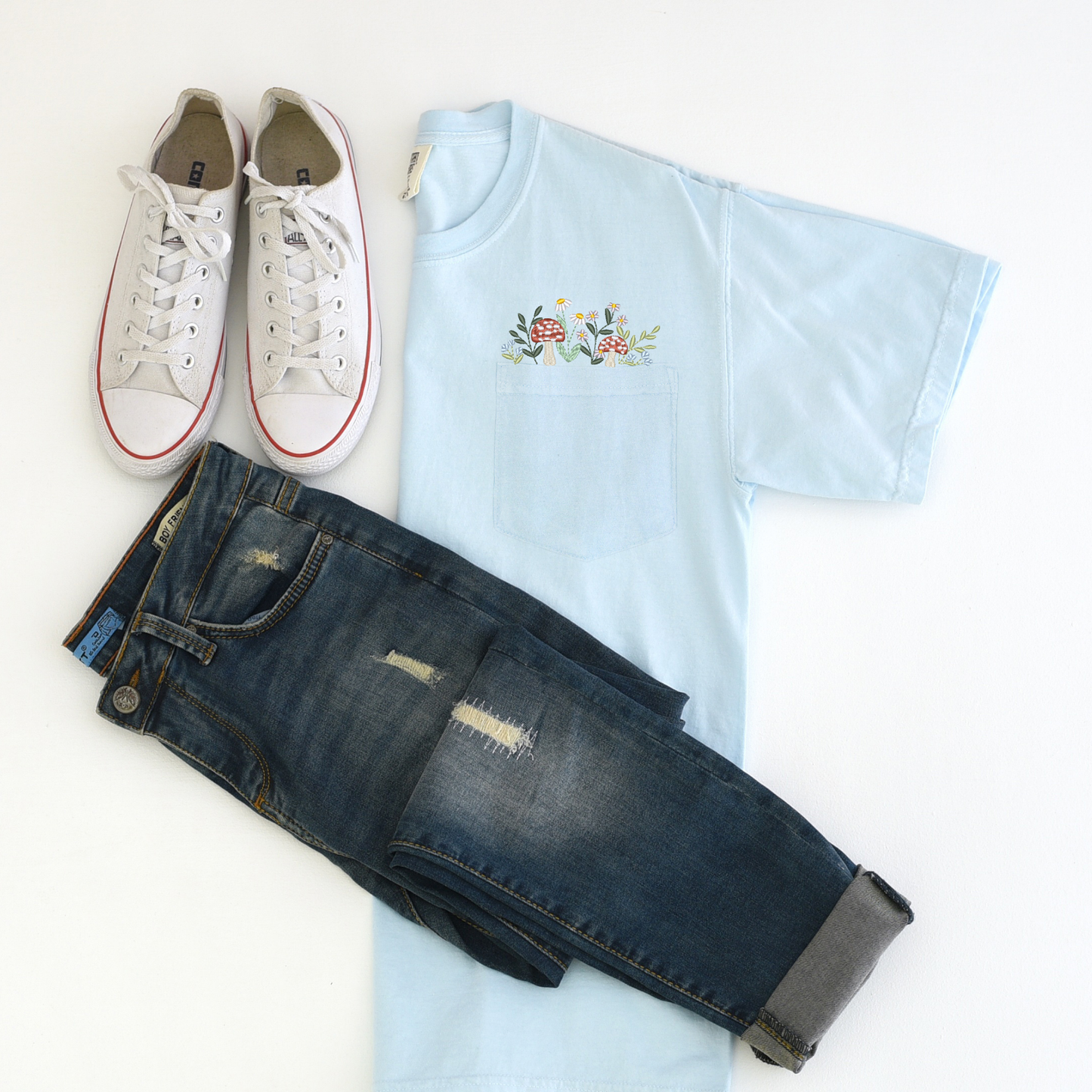 Mushroom & Wildflowers Embroidered Pocket Tee | Cottagecore Shirt