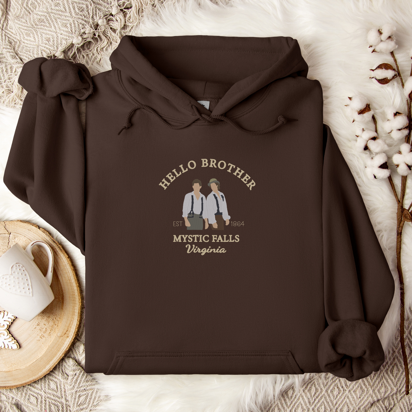 Hello Brother Embroidered Hoodie | TVD Fan Merch | Mystic Falls