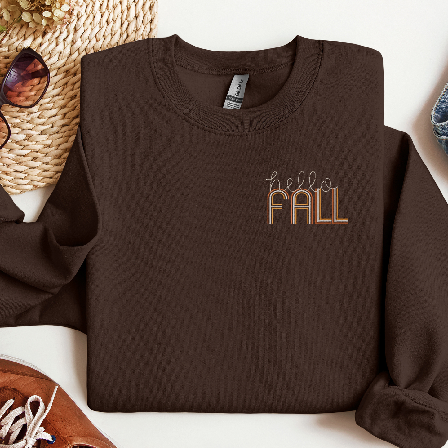 Cozy Hello Fall Logo Crewneck Sweatshirt | Retro Embroidered Fall Design