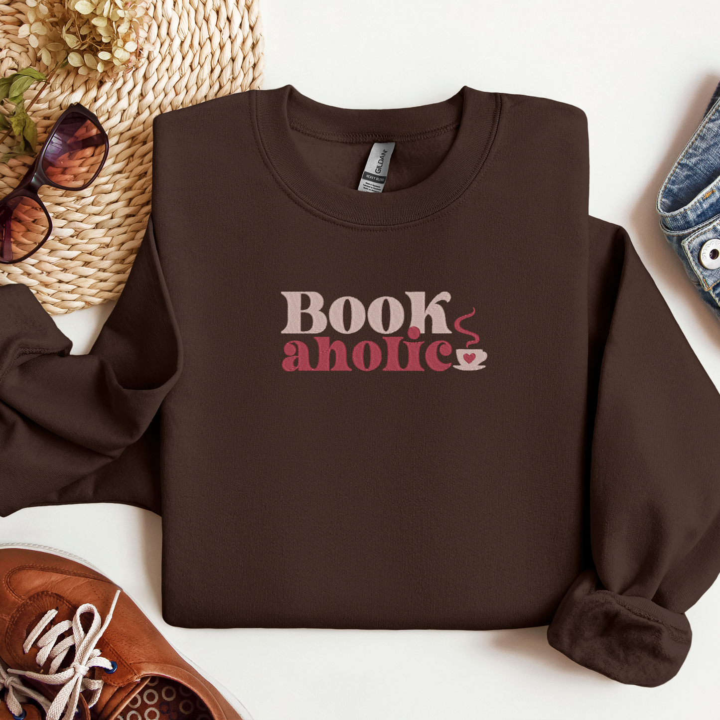 Bookaholic Embroidered Crewneck | Retro Font Coffee Mug Design