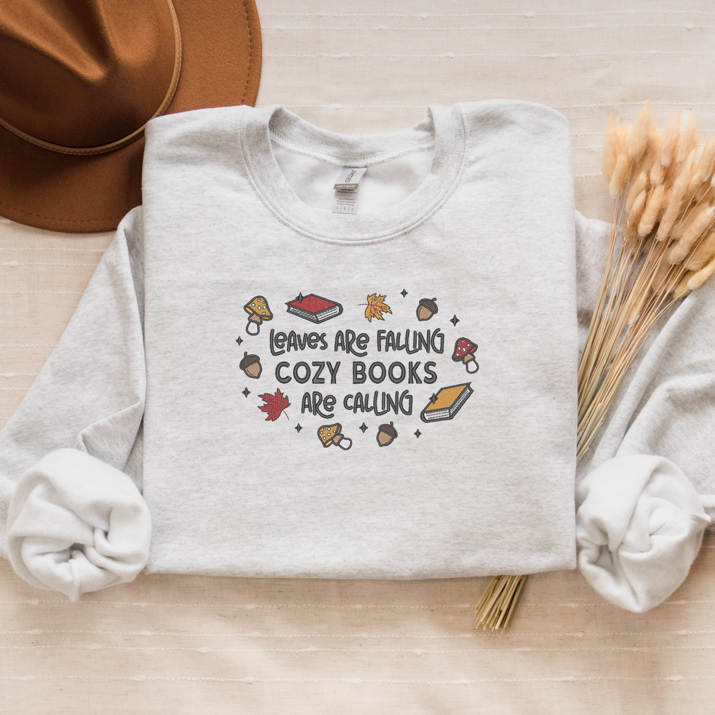 Fall Reading Embroidered Crewneck Sweatshirt - Leaves Are Falling, Cozy Books Are Calling