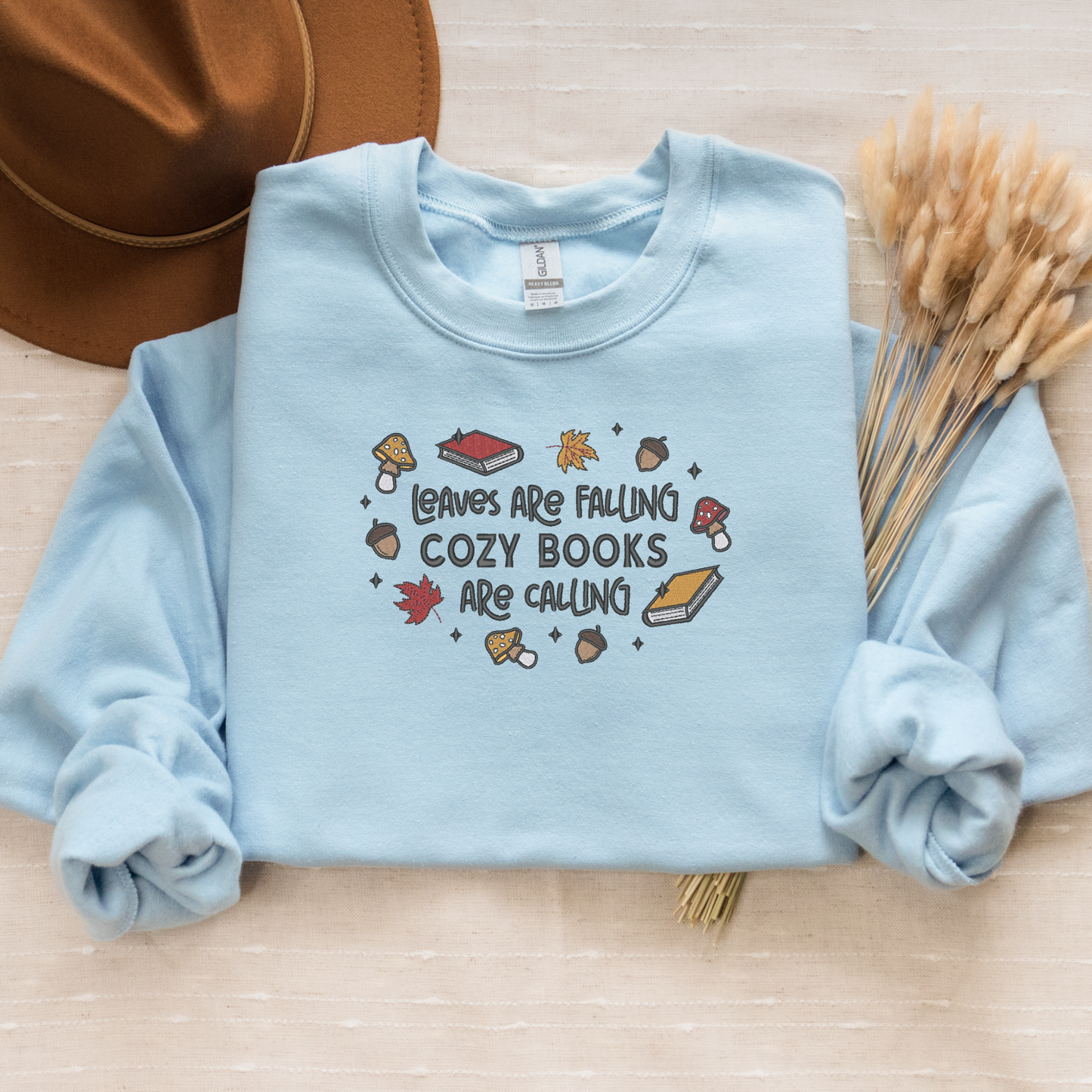 Fall Reading Embroidered Crewneck Sweatshirt - Leaves Are Falling, Cozy Books Are Calling